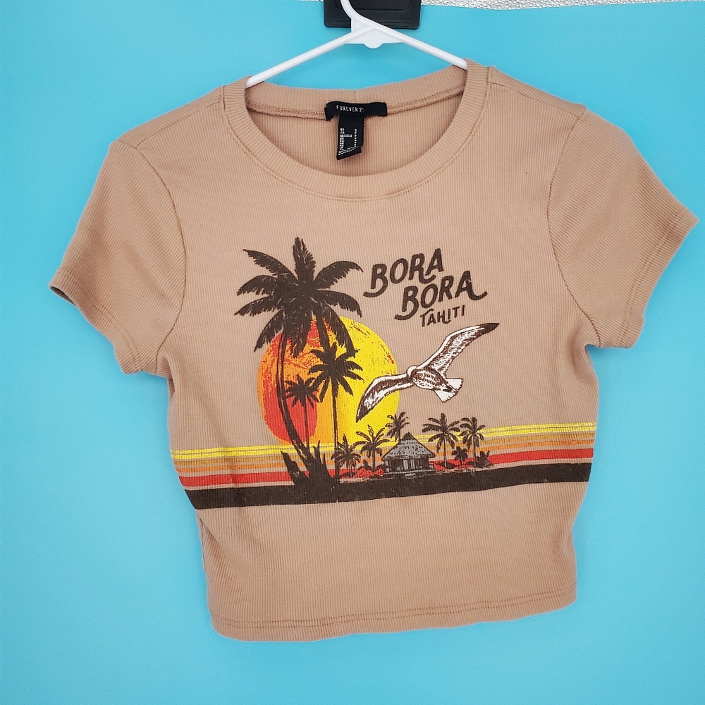 Forever 21 Top Size Small Cropped Graphic Bora Bora Ribbed